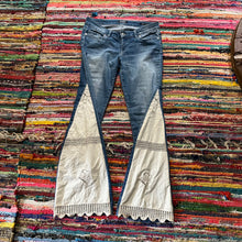 Load image into Gallery viewer, Upcycled Flared Denim Jeans ~ Festival ~ 70s Style ~