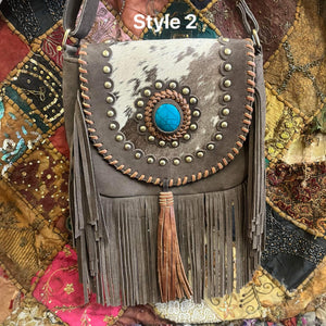 Tan Leather Tassel Gemstone Bag - Boho - Cowgirl - Hippie