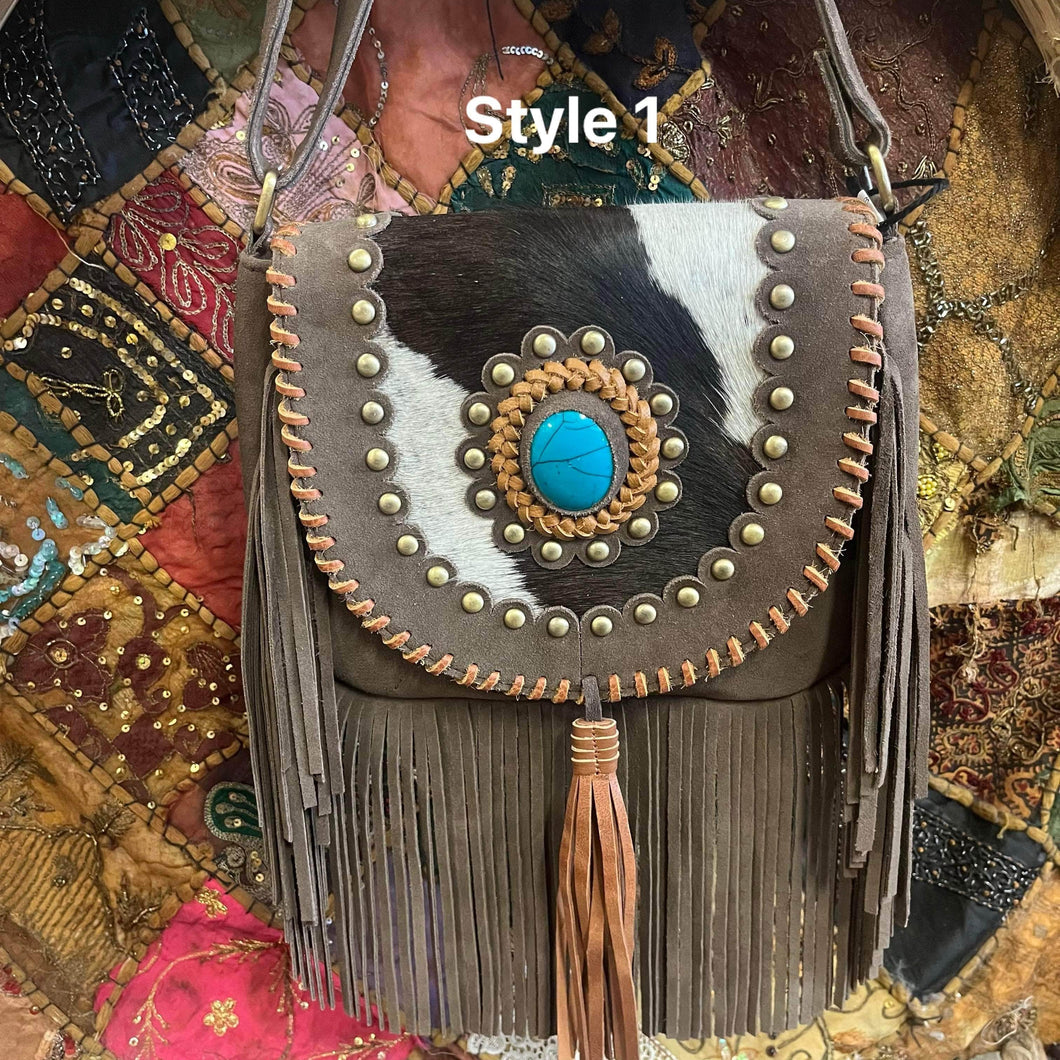 Tan Leather Tassel Gemstone Bag - Boho - Cowgirl - Hippie