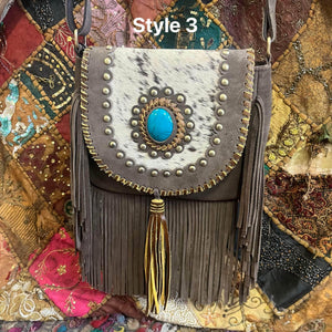 Tan Leather Tassel Gemstone Bag - Boho - Cowgirl - Hippie