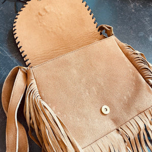 Tan Leather Tassel Gemstone Bag - Boho - Cowgirl - Hippie