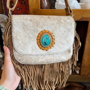 Tan Leather Tassel Gemstone Bag - Boho - Cowgirl - Hippie