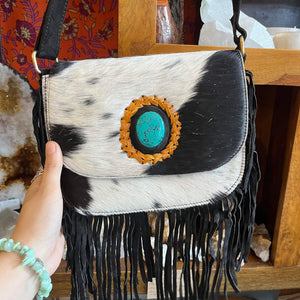 Black Leather Tassel Gemstone Bag - Boho - Cowgirl - Hippie