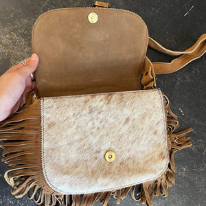 Tan Leather Tassel Gemstone Bag - Boho - Cowgirl - Hippie