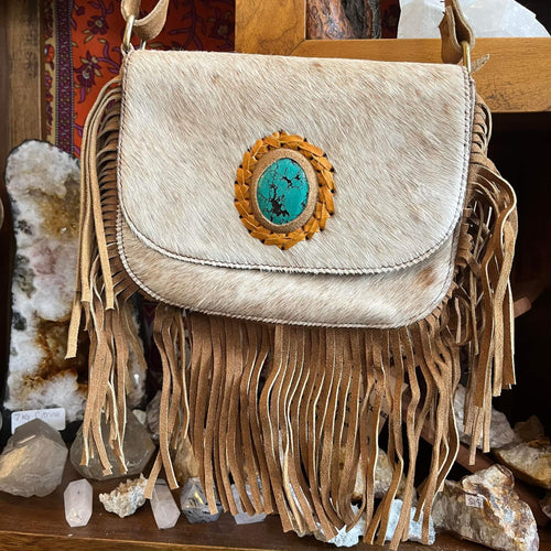 Tan Leather Tassel Gemstone Bag - Boho - Cowgirl - Hippie